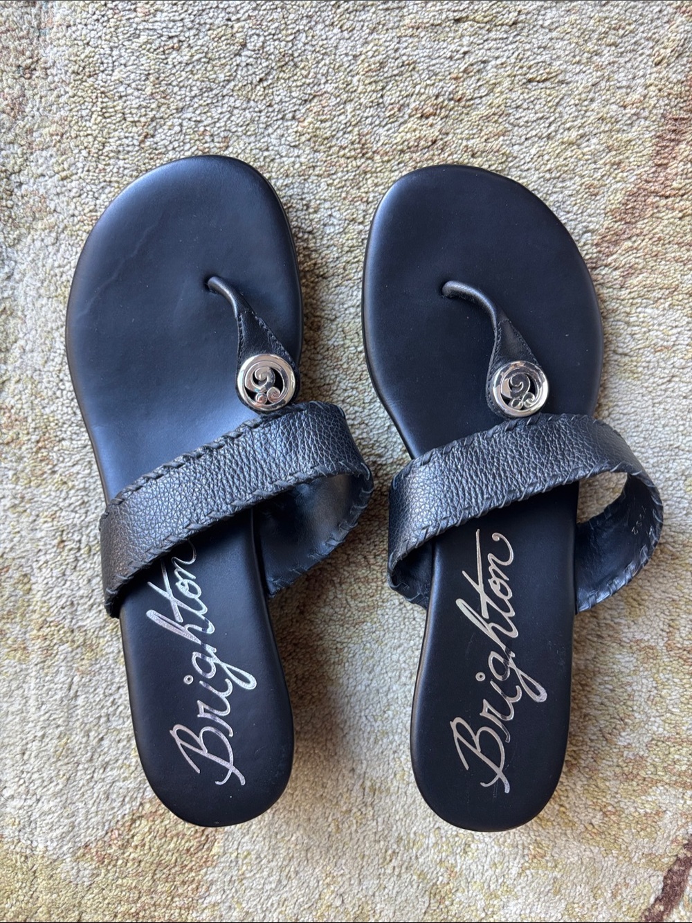Brighton Black Leather Toe-Post Slide Sandals with Silver Accent